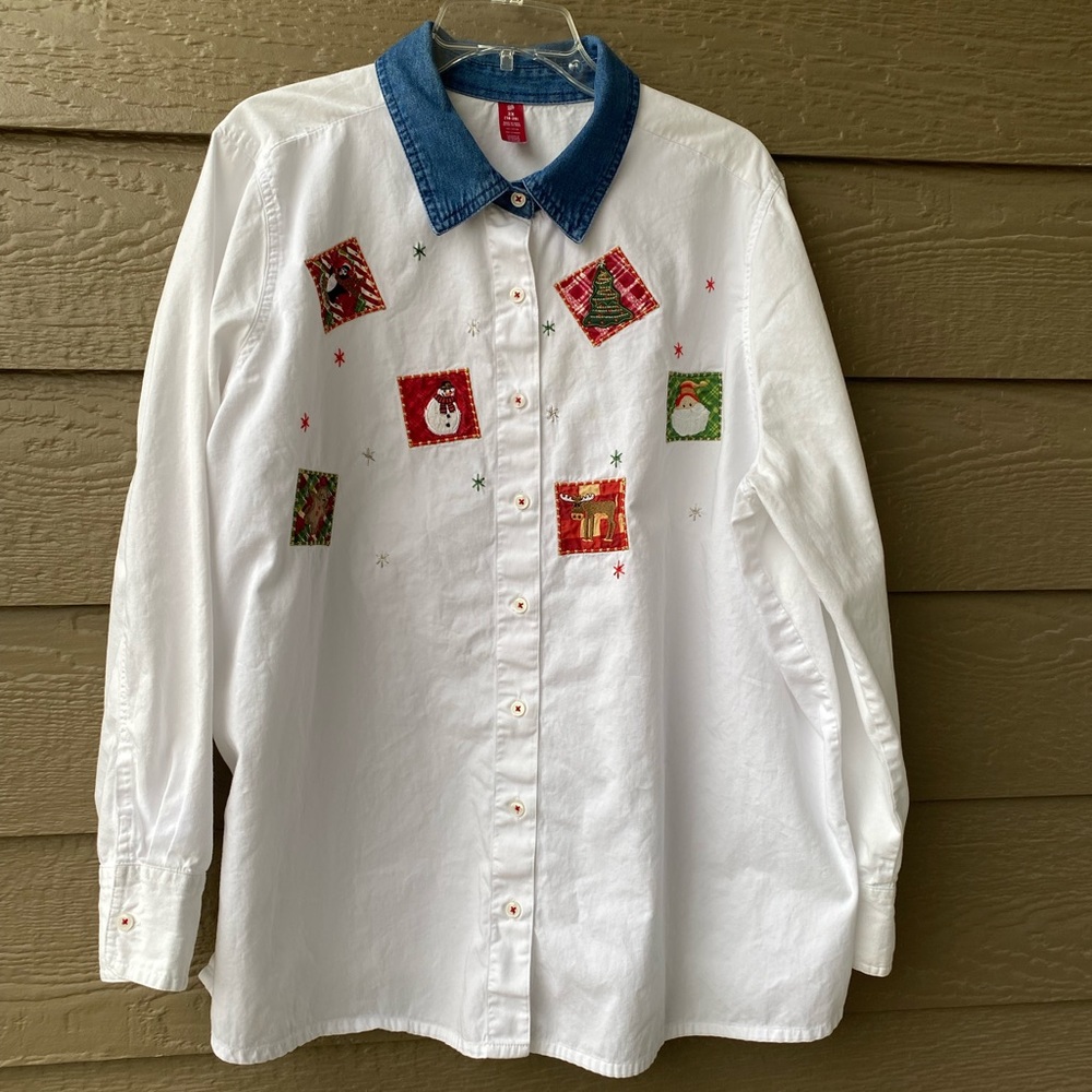 CHRISTMAS PATCHWORK SHIRT Holiday Blouse Women Button-Down 2X Cute